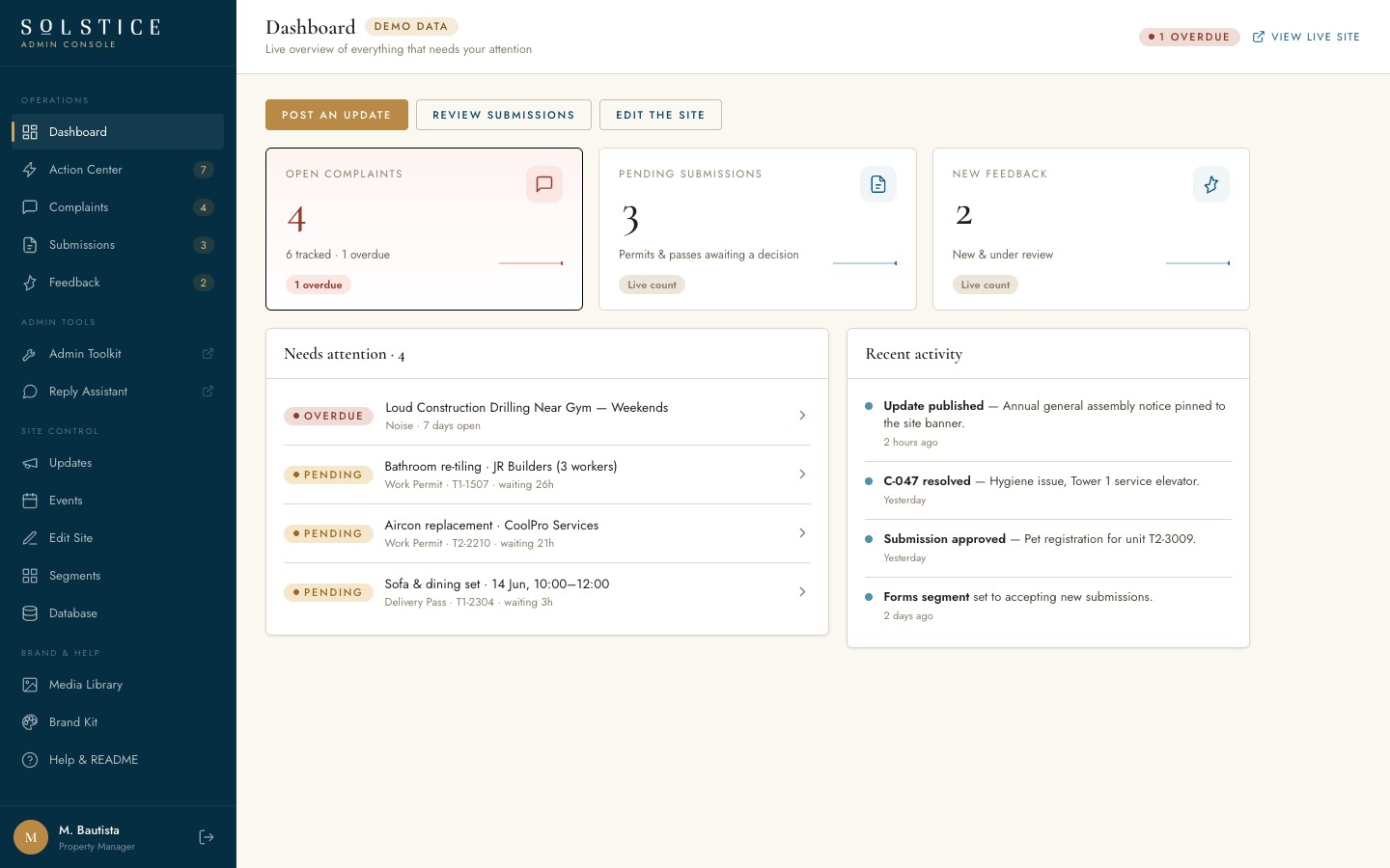 Admin Portal dashboard, live