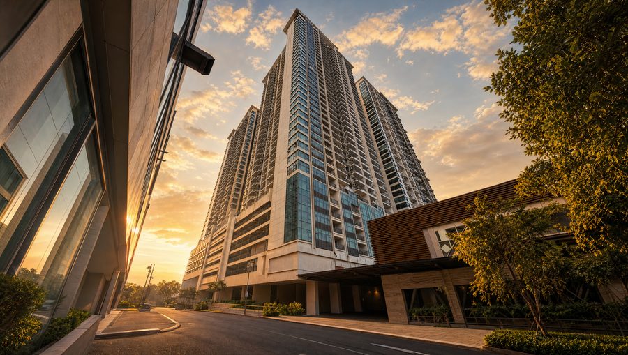 The Solstice towers facade at golden hour